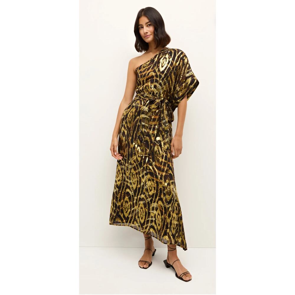 B60 Marie Oliver Farrow‎ Caftan Maxi Dress Small One Shoulder Silk Metallic